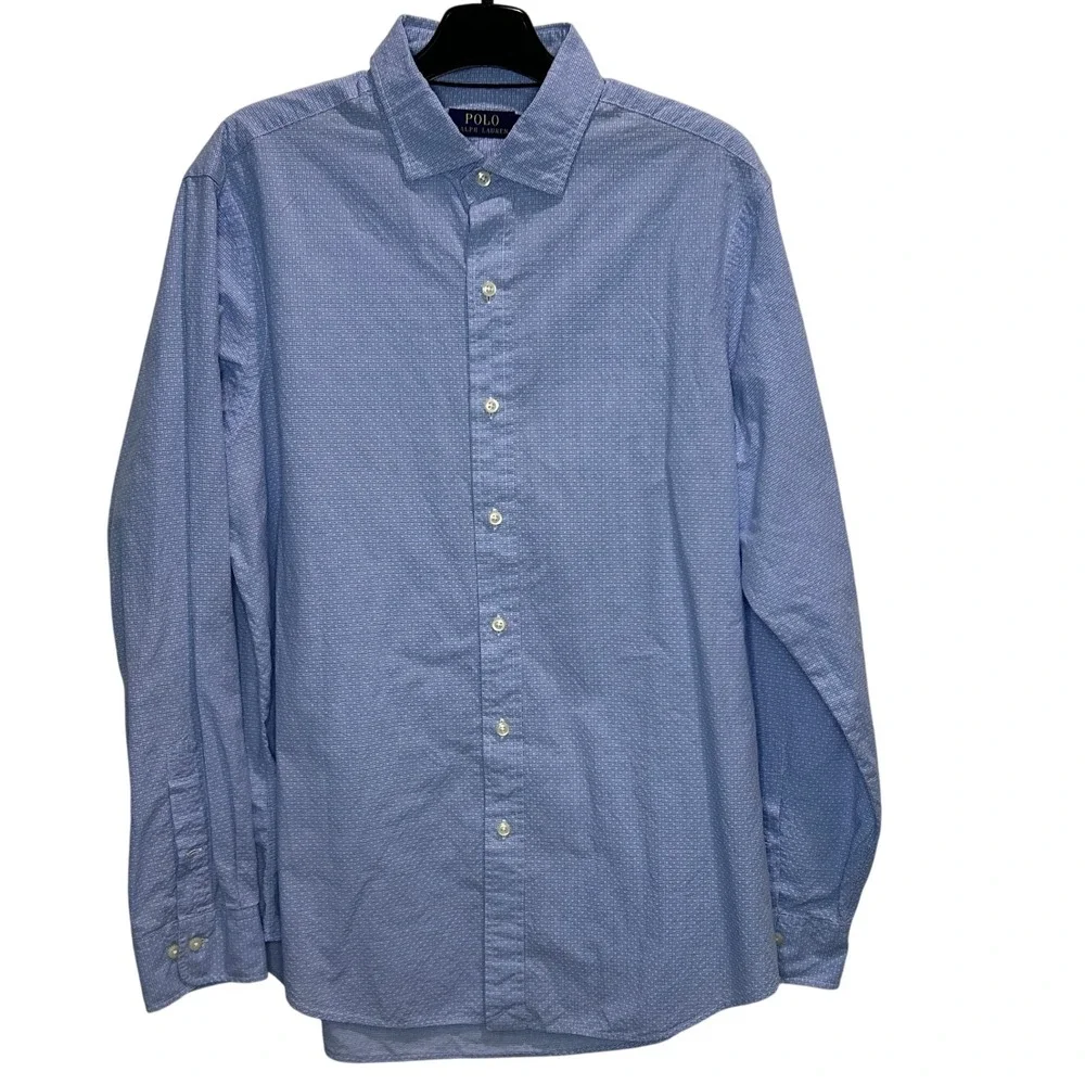 Polo Ralph Lauren Men's Blue Gingham Long Sleeve Dress‎ Shirt Size Large Cotton